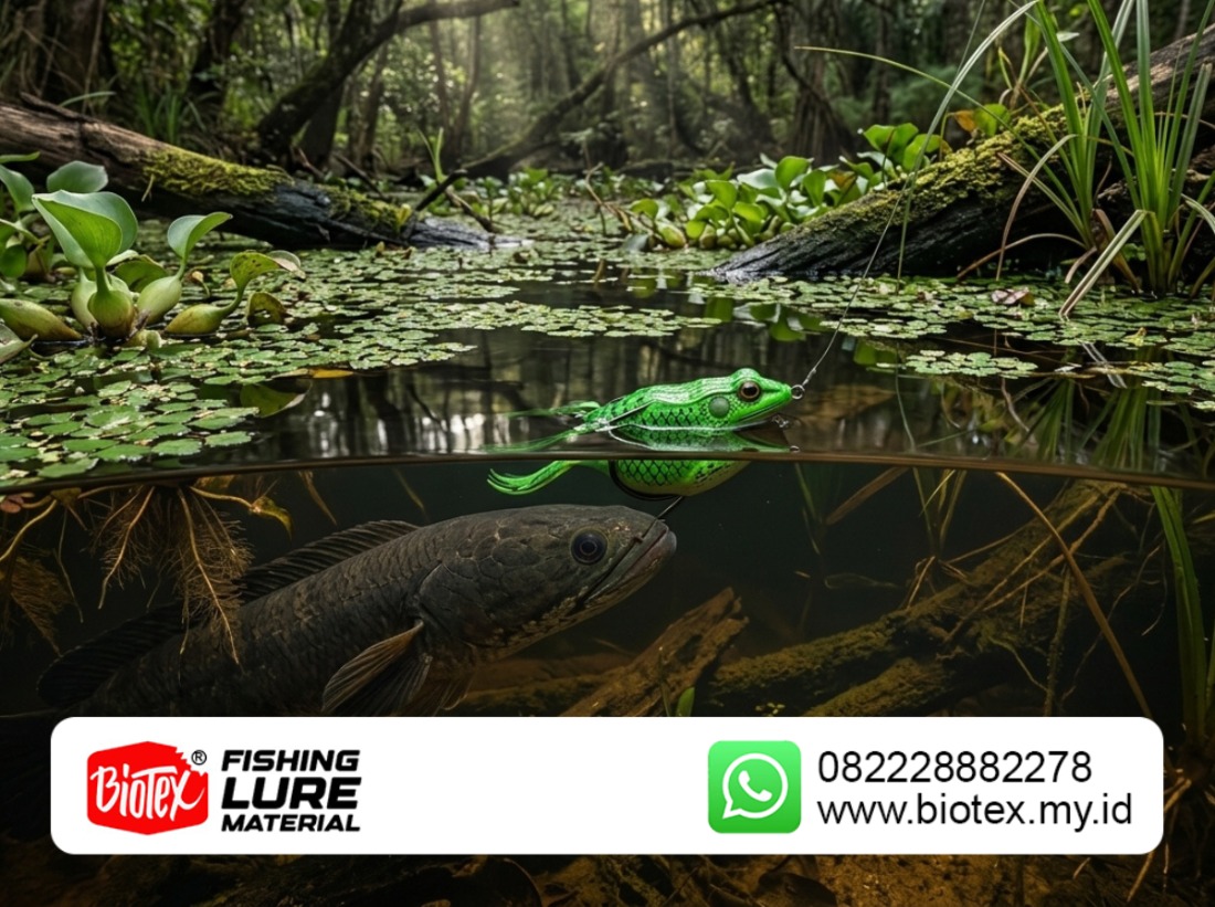 Gabus terlihat di bawah permukaan air hitam, mengintai soft frog yang melintas di sela-sela eceng gondok.