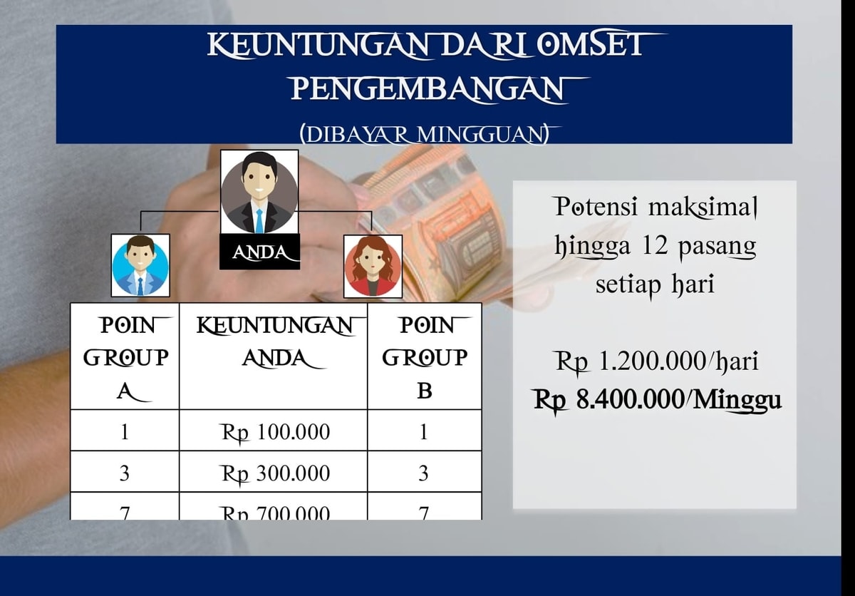 Jika Anda telah memiliki omset di 2 Jalur Distribusi, Maka Anda akan mendapatkan Profit Pengembangan sebesar Rp 100.000,-  per 2 paketnya. Profit ini berlaku kelipatan dan akan Anda terima terus menerus selama masih ada perkembangan omset di dua jalur distribusi tersebut.