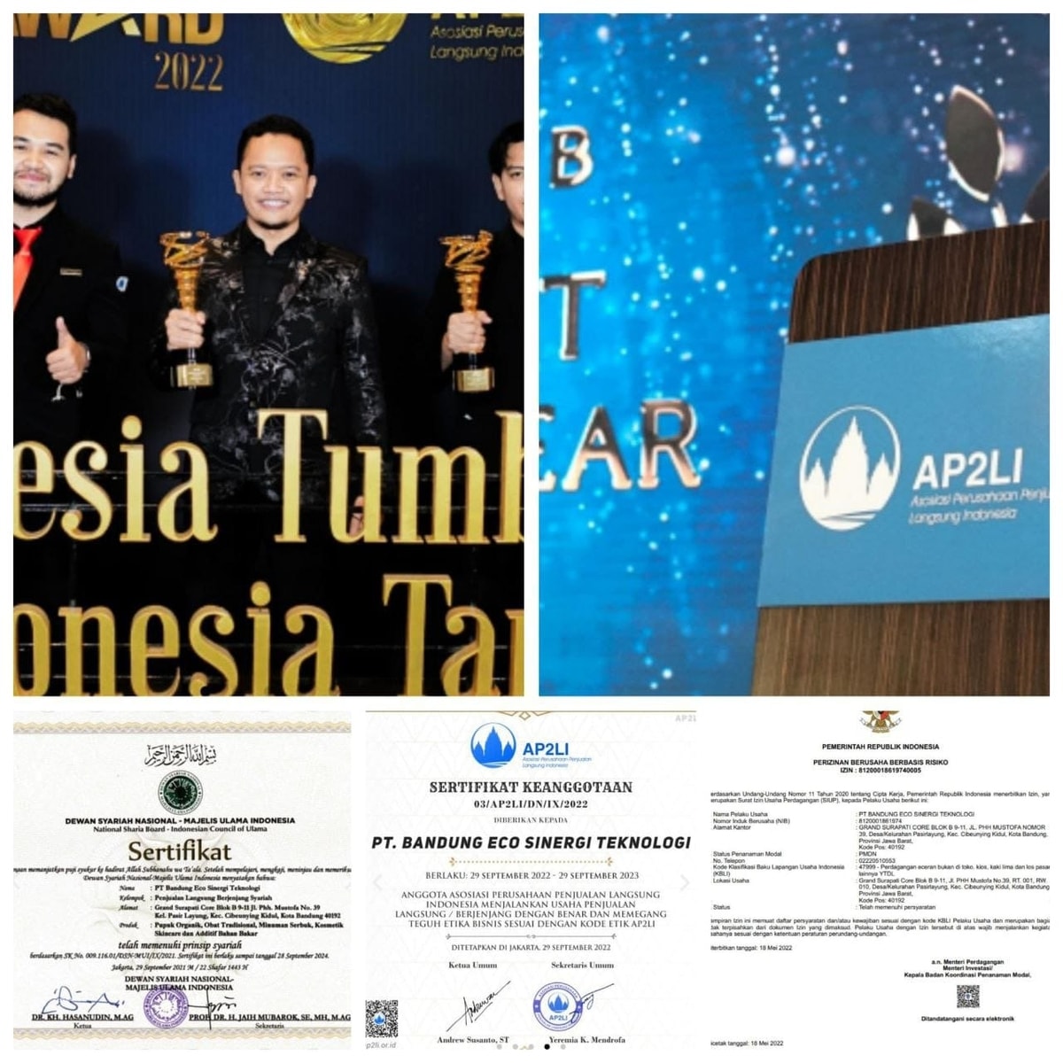 SIUP KBLI47999 (izin usaha dari Kemendag RI)

SERTIFIKASI SYARIAH (Dari Majlis Ulama Indonesia)

RESELLER GROWTH OF THE YEARS (Reseller terbanyak)

MOST FASTEST GROWING COMPANY 2020 (Perkembangan tercepat)

PRODUCT OF THE YEARS (Produk terlaris)

COMPANY OF THE YEARS (Perusahaan terbaik)

Penghargaan diberikan oleh Asosiasi Perusahaan Penjualan Langsung Indonesia (AP2LI)

bersama Kementerian Perdangan Republik Indonesia dalam ajang Penghargaan HELMY ATTAMIMI AWARD 2020-2022.