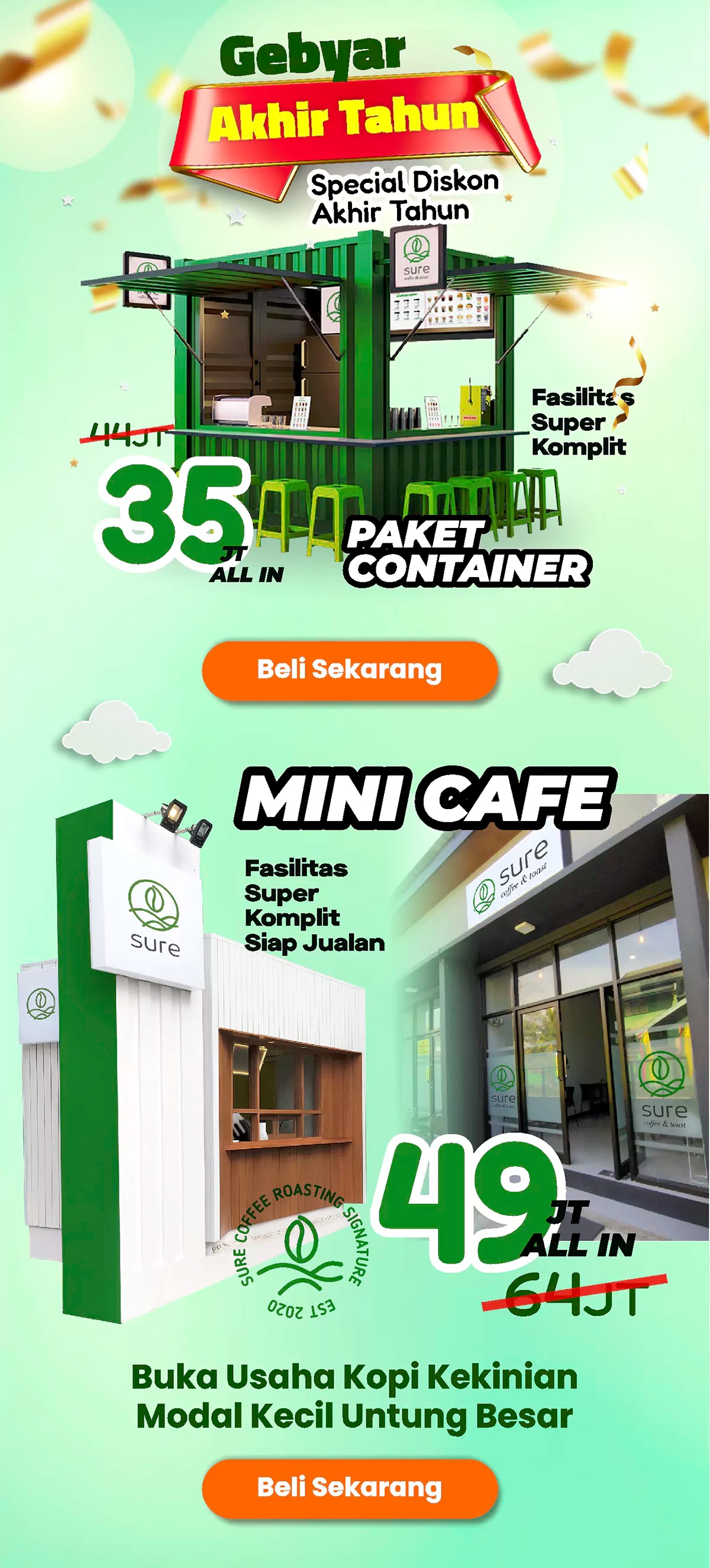 Promo gebyar akhir tahun, special diskon akhir tahun, fasilitas super komplit, paket container, mini cafe, buka usaha kopi kekinian modal kecil untung besar, ide usaha ramadhan 2024 Fasilitas Komplit Siap Jualan Tenang, Bisnis Waralaba Kopi Kekinian, Sure Coffee memberikan fasilitas komplit, hingga detail siap jualan dan dibimbing sampai laris Cup Mixer Timbangan Gelas Takar Teko Pemanas Teko Susu Daftar menu Aeropress Coffee Toples Bubuk Sendok bubuk Sendok Dalgona Tempat Sedotan Sedotan Lid Sealer Roll Banner Manual Cup Sealer Booth 120x60x80 Stock Terbatas!! Yuk Beli Sekarang