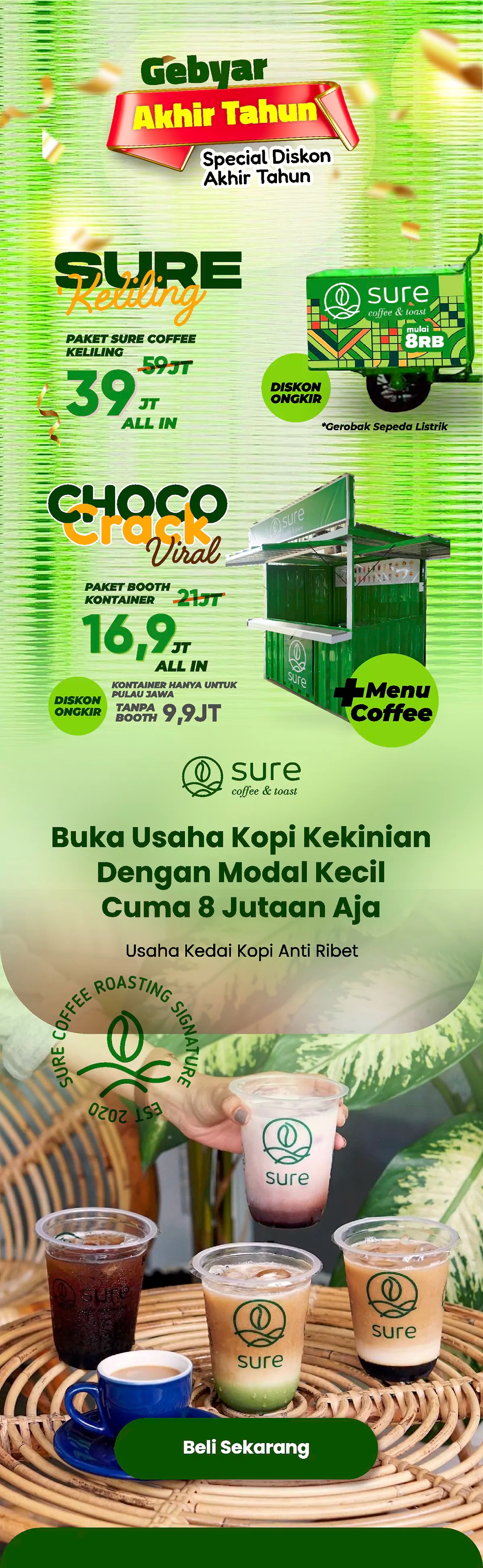 Promo gebyar akhir tahun, special diskon akhir tahun, sure cffee keliling, paket sure coffee keliling, gerobak sepeda listrik, diskon ongkir, choco crack viral, paket booth kontainer, buka usaha kopi kekinian dengan modal kecil cuma 8 jutaan aja, usaha kedai kopi anti ribet