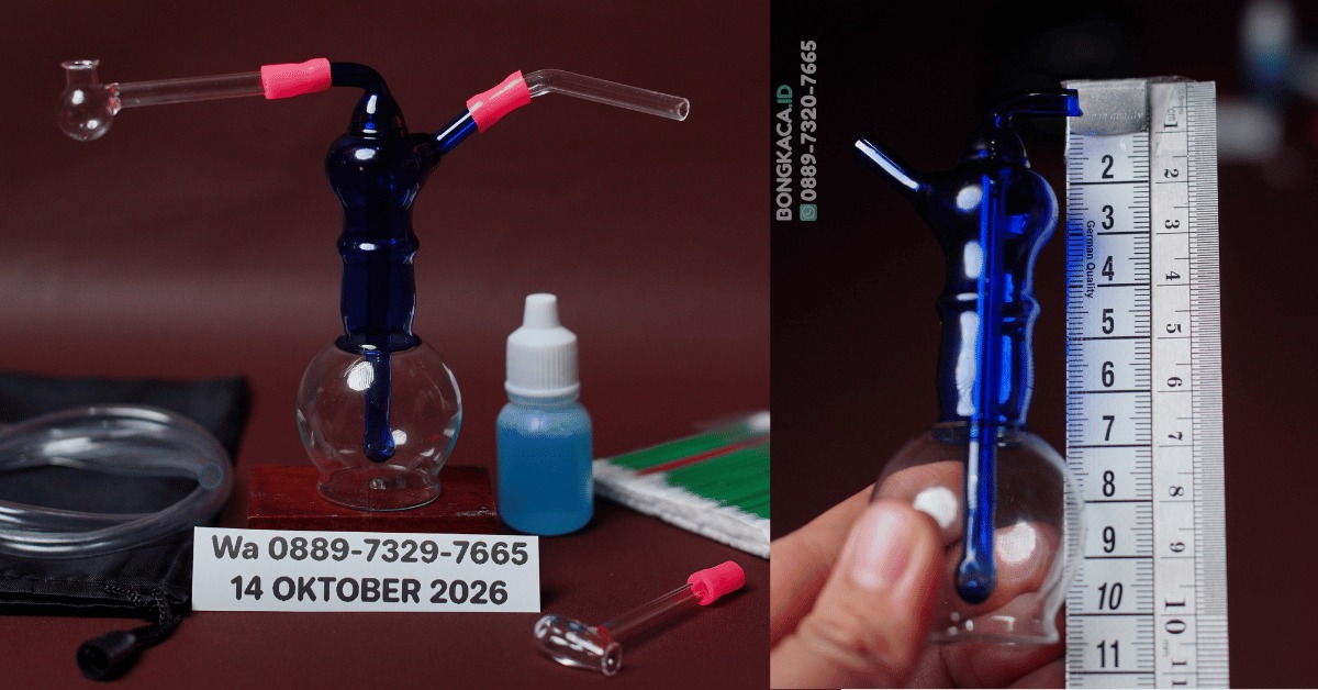 Ilustrasi produk Bong Nectar & Cangklong Kaca setinggi 10 cm, menampilkan aksen biru di area atas dan detail satu ulir melingkar di bagian tengah bodi kaca.