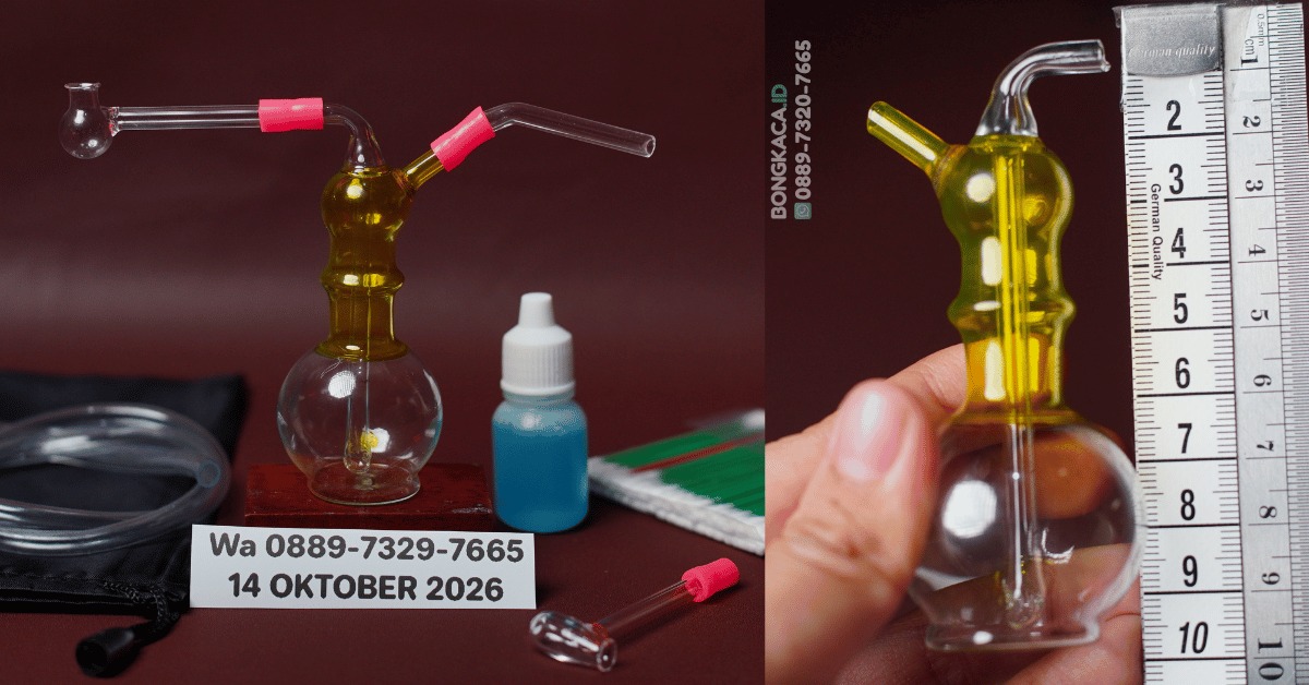 Foto produk Bong Tiny Tonic berdimensi & Cangklong Kaca 9 cm yang memperlihatkan aksen warna kuning ceria di bagian atas bodi kendi mungil.