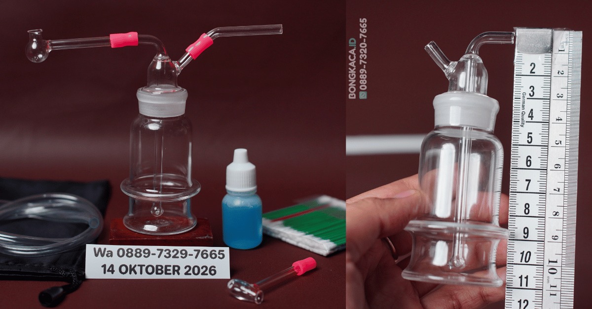 Detail produk Bong Neon Rush & Cangklong Kaca dengan tabung presisi berbobot 41.5 gram, menampilkan kombinasi satu ulir dan satu filter internal yang kokoh.