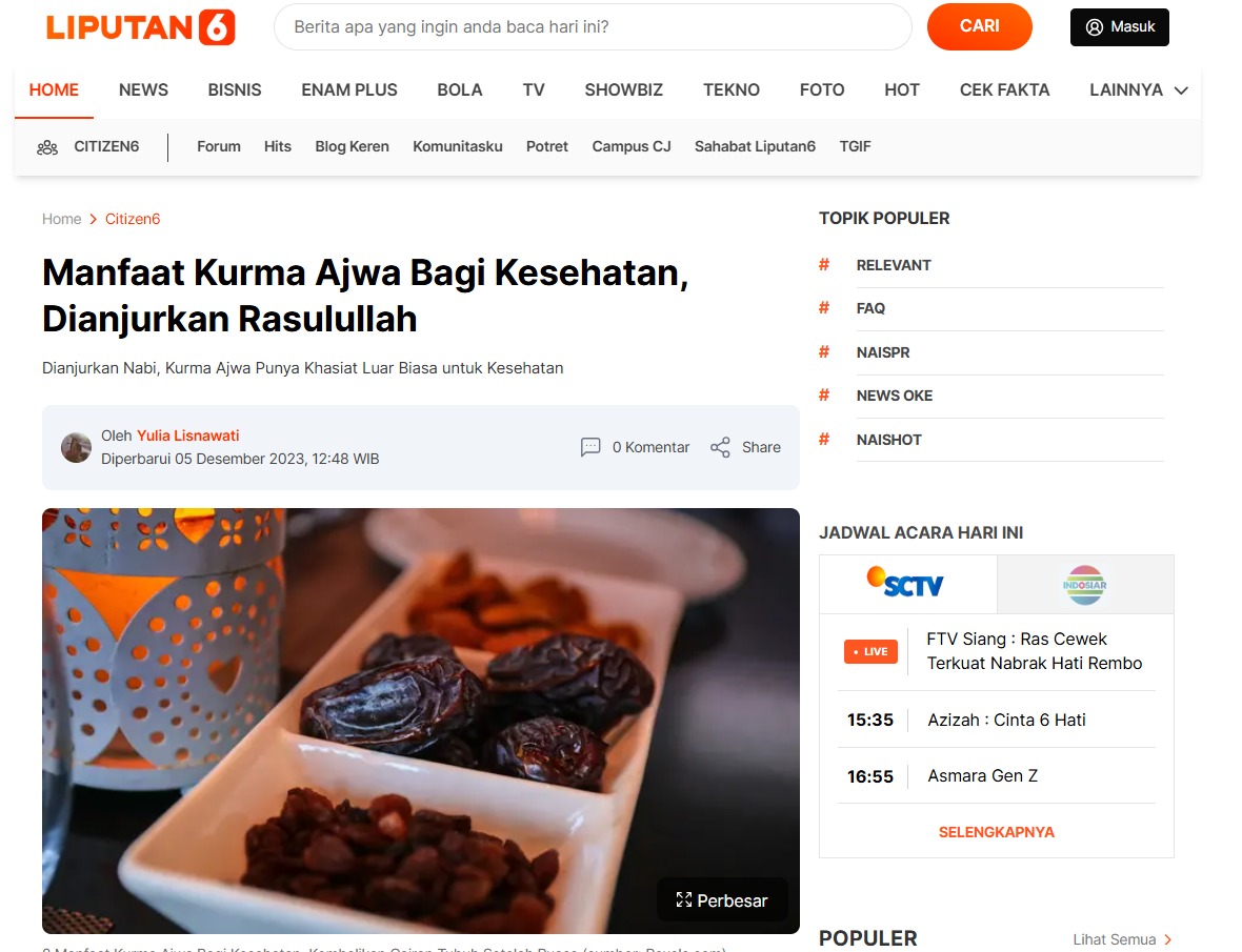 Manfaat Kurma Ajwa Bagi Kesehatan, Dianjurkan Rasulullah - Lipuran6.com