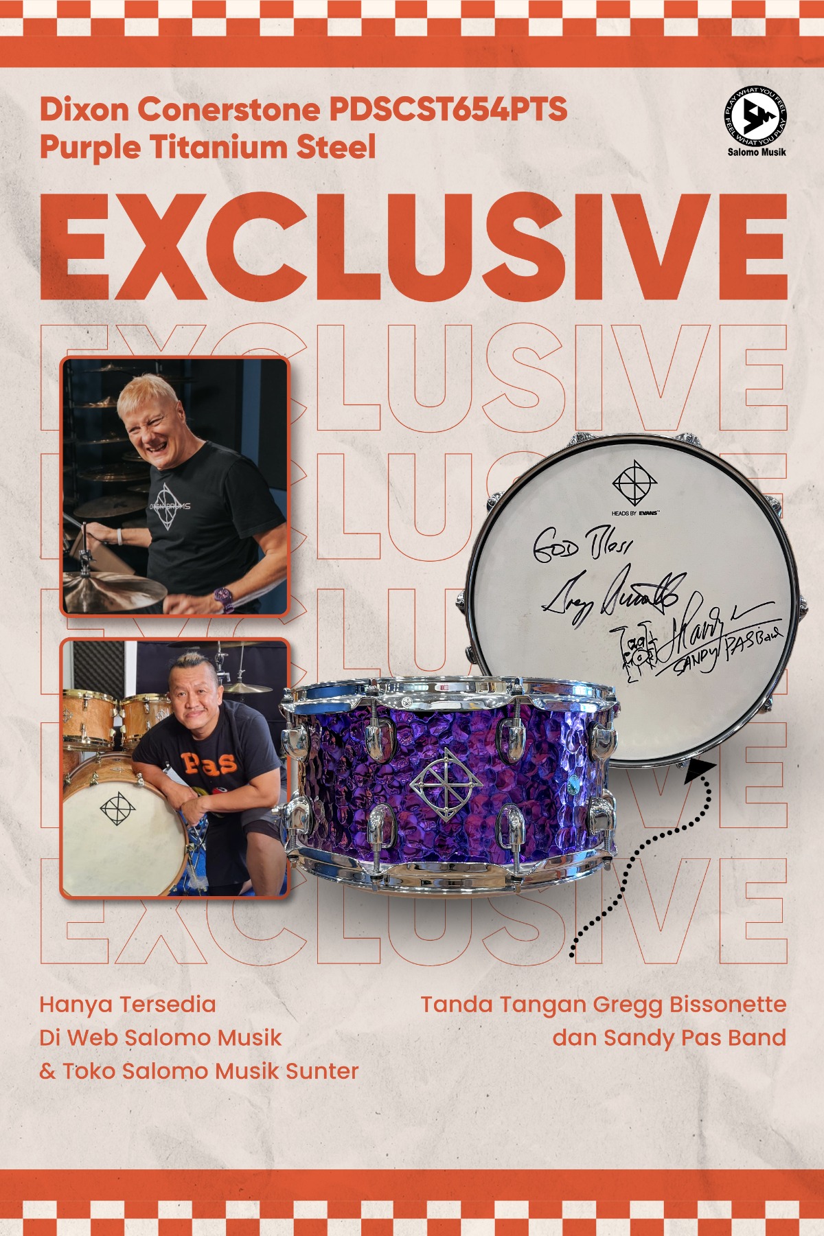 (EKSKLUSIF) Snare Drum DIXON Cornerstone Series Purple Titanium 6.5"x14" Signed By Greg Bissonette & Sandy Pas Band Hanya 1! Checkout Sekarang, Hanya di Salomo Musik.