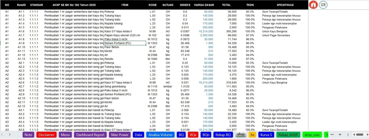 Worksheet Database Import AHSP Standar