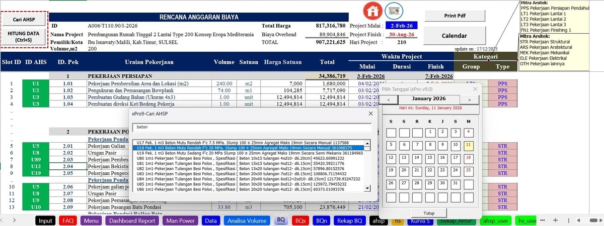 Worksheet Bill of Quantity (BQ)