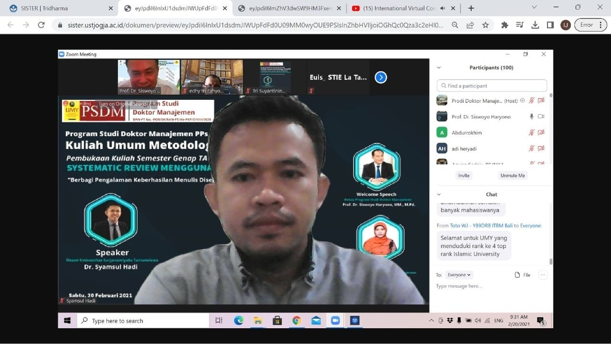 Dr. Syamsul Hadi, S.E., M.M. menjadi narasumber Kuliah Umum Metode Penelitian “Systematic Review Menggunakan PRISMA” di UMY