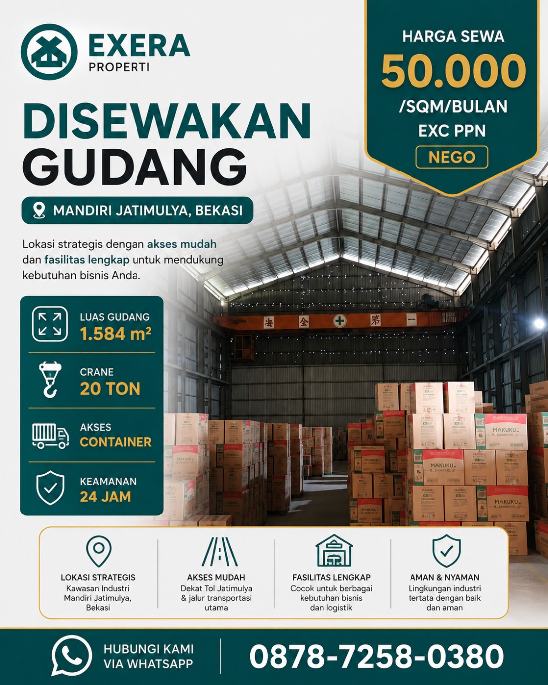 Gudang disewakan di kawasan Mandiri Jatimulya Bekasi