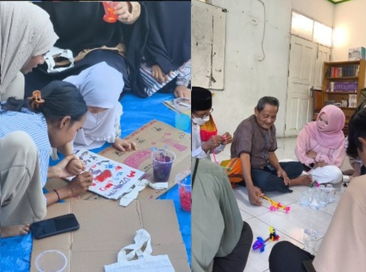 Para santri dan lansia binaan asik berkreasi dengan pendampingan dari mahasiswa HIMAJEMEN secara langsung