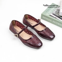 Walcoo Euclow flatshoes wanita model Mary Jane dengan tali buckle dan motif anyaman elegan, tersedia warna hitam, maroon, dan krem, sol anti-slip, cocok untuk kerja dan kasual