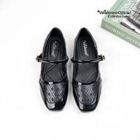 Walcoo Euclow flatshoes wanita model Mary Jane dengan tali buckle dan motif anyaman elegan, tersedia warna hitam, maroon, dan krem, sol anti-slip, cocok untuk kerja dan kasual