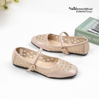 Walcoo Euclow flatshoes wanita model Mary Jane dengan tali buckle dan motif anyaman elegan, tersedia warna hitam, maroon, dan krem, sol anti-slip, cocok untuk kerja dan kasual