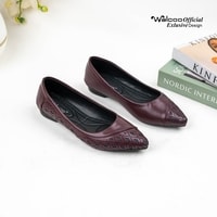 Walcoo Teozola flatshoes wanita dengan desain laser cut elegan, tersedia warna hitam, krem, dan maroon, ujung lancip, sol anti-slip, cocok untuk kerja dan acara formal