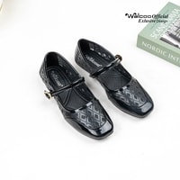 Walcoo Euclow flatshoes wanita model Mary Jane dengan tali buckle dan motif anyaman elegan, tersedia warna hitam, maroon, dan krem, sol anti-slip, cocok untuk kerja dan kasual