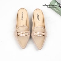 Walcoo Soleil mules wanita elegan dengan ujung lancip dan aksen rantai gold, tersedia warna hitam, maroon, dan krem, sol anti-slip, cocok untuk outfit kerja dan kasual