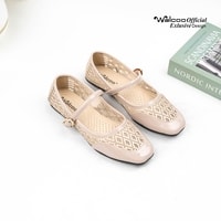 Walcoo Euclow flatshoes wanita model Mary Jane dengan tali buckle dan motif anyaman elegan, tersedia warna hitam, maroon, dan krem, sol anti-slip, cocok untuk kerja dan kasual