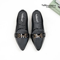 Walcoo Soleil mules wanita elegan dengan ujung lancip dan aksen rantai gold, tersedia warna hitam, maroon, dan krem, sol anti-slip, cocok untuk outfit kerja dan kasual