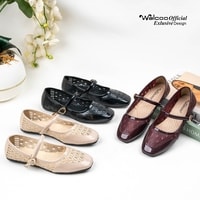 Walcoo Euclow flatshoes wanita model Mary Jane dengan tali buckle dan motif anyaman elegan, tersedia warna hitam, maroon, dan krem, sol anti-slip, cocok untuk kerja dan kasual