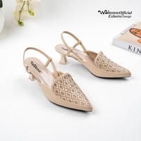 Sepatu heels wanita model slingback Walcoo warna cream, hitam, dan maroon dengan motif laser-cut dan hak pendek elegan