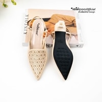 Sepatu heels wanita model slingback Walcoo warna cream, hitam, dan maroon dengan motif laser-cut dan hak pendek elegan