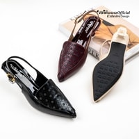 Sepatu heels slingback wanita Walcoo Eltimore dengan motif laser-cut bulat, hak pendek, dan buckle gold, warna hitam, maroon, dan cream