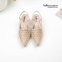 Sepatu heels wanita model slingback Walcoo warna cream, hitam, dan maroon dengan motif laser-cut dan hak pendek elegan