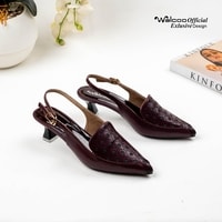 Sepatu heels slingback wanita Walcoo Eltimore dengan motif laser-cut bulat, hak pendek, dan buckle gold, warna hitam, maroon, dan cream