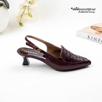 Sepatu heels slingback wanita Walcoo Eltimore dengan motif laser-cut bulat, hak pendek, dan buckle gold, warna hitam, maroon, dan cream