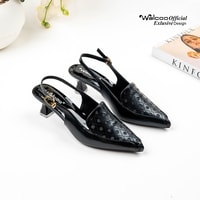 Sepatu heels slingback wanita Walcoo Eltimore dengan motif laser-cut bulat, hak pendek, dan buckle gold, warna hitam, maroon, dan cream