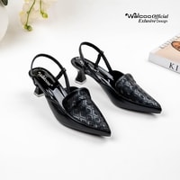 Sepatu heels wanita model slingback Walcoo warna cream, hitam, dan maroon dengan motif laser-cut dan hak pendek elegan