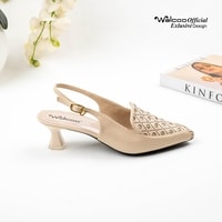 Sepatu heels slingback wanita Walcoo Eltimore dengan motif laser-cut bulat, hak pendek, dan buckle gold, warna hitam, maroon, dan cream