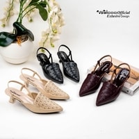 Sepatu heels wanita model slingback Walcoo warna cream, hitam, dan maroon dengan motif laser-cut dan hak pendek elegan