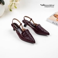 Sepatu heels wanita model slingback Walcoo warna cream, hitam, dan maroon dengan motif laser-cut dan hak pendek elegan