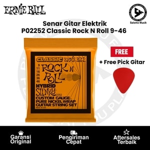 Senar Gitar Elektrik Ernie Ball P02252 Hybrid Slinky Classic Rock N Roll Pure Nickel Wrap 9-46 Original + Free Pick Gitar