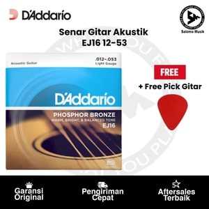 Senar Gitar Akustik D'Addario EJ16 Phosphor Bronze Light 12-53 Original + Free Pick Gitar