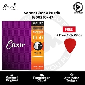 Senar Gitar Akustik Elixir 16002 Nanoweb Phosphor Bronze Extra Light 10-47 Original + Free Pick Gitar