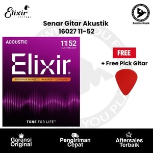Senar Gitar Akustik Elixir 16027 Nanoweb Phosphor Bronze Custom Light 11-52 + Free Pick Gitar