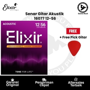 Senar Gitar Akustik Elixir 16077 Nanoweb Phosphor Bronze Light/Medium 12-56 + Free Pick Gitar