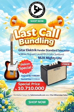 LAST CALL BUNDLING! Gitar Elektrik Fender Standard Telecaster with White Pickguard Laurel FB 3-Tone Sunburst Original + Ampli NUX Mighty LITE + Free Request Set Up