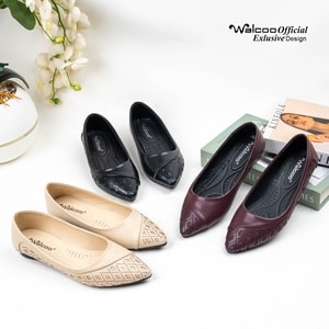 Walcoo Teozola flatshoes wanita dengan desain laser cut elegan, tersedia warna hitam, krem, dan maroon, ujung lancip, sol anti-slip, cocok untuk kerja dan acara formal