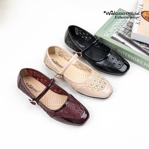 Walcoo Euclow flatshoes wanita model Mary Jane dengan tali buckle dan motif anyaman elegan, tersedia warna hitam, maroon, dan krem, sol anti-slip, cocok untuk kerja dan kasual