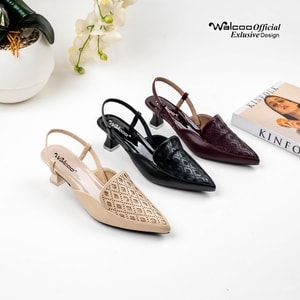 Sepatu heels wanita model slingback Walcoo warna cream, hitam, dan maroon dengan motif laser-cut dan hak pendek elegan