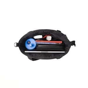 Blume Tote Bag hitam dari Into The Lume dengan hiasan tali biru berbentuk bunga, dengan laptop slot up to 14 inchtotebag stylish dan fungsional untuk daily use.