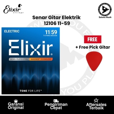 Senar Gitar Elektrik Elixir 12106 Nanoweb Medium 7 String 11-59 Original + Free Pick Gitar