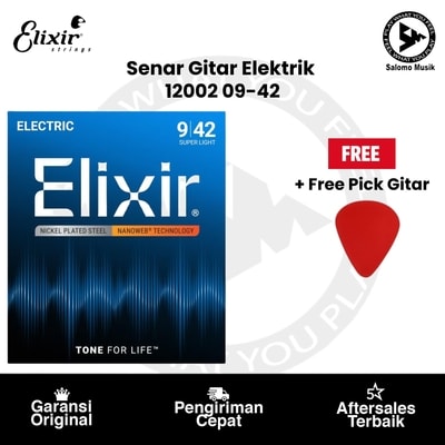 Senar Gitar Elektrik Elixir 12002 Nanoweb Super Light 09-42 + Free Pick Gitar