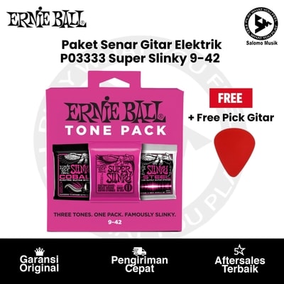 Paket Senar Gitar Elektrik Ernie Ball P03333 Super Slinky 9-42 Original + Free Pick Gitar