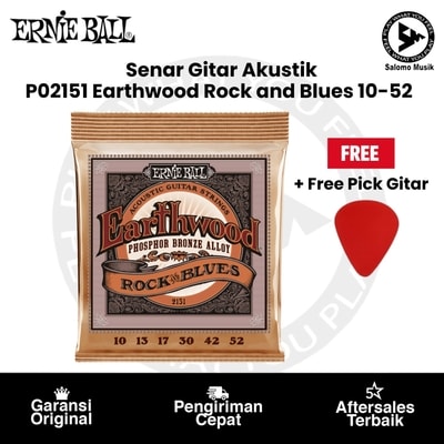 Senar Gitar Akustik Ernie Ball P02151 Earthwood Rock and Blues w/Plain G Phosphor Bronze 10-52 Original + Free Pick Gitar