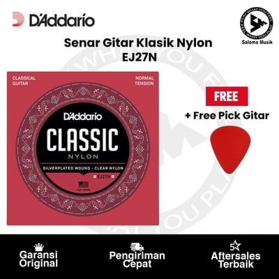 Senar Gitar Klasik Nylon D'Addario EJ27N Normal Tension Clear/Silverplated Wound Original + Free Pick Gitar